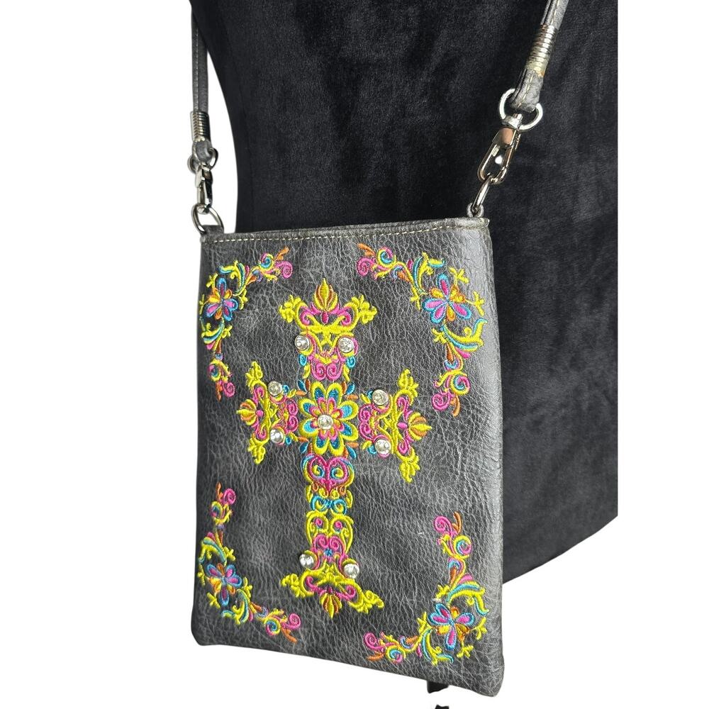 Dark Gray Embroidered Crossbody Bag Rhinestone Floral Boho Western Purse